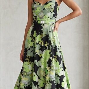 DKNY Green Floral Strapless Midi Dress